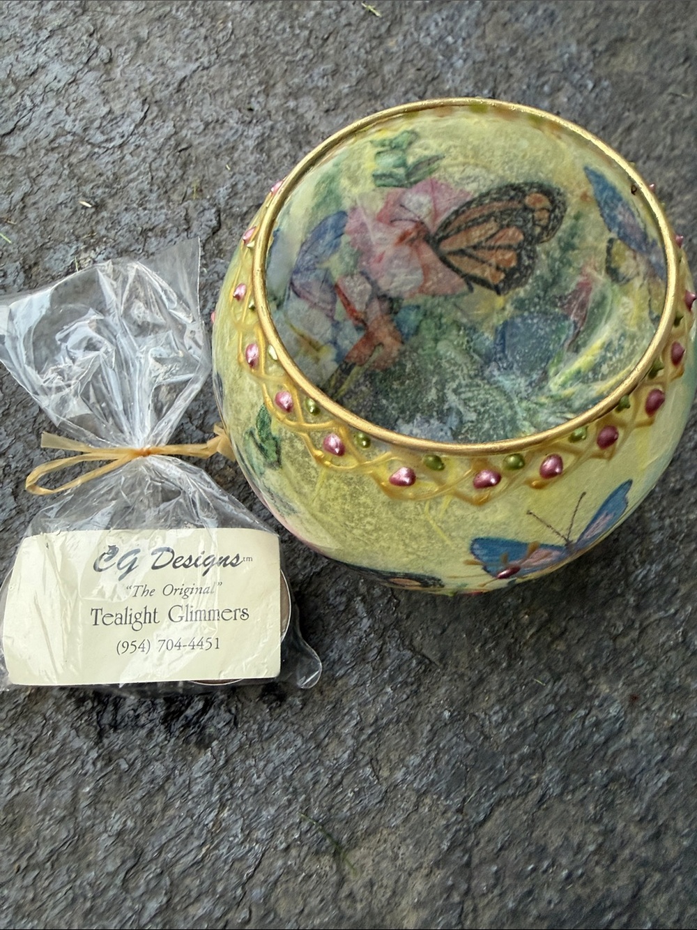 Hand-Painted Butterfly Glass Tea Light Holder in Blue, Pink and Gold - Picture 8 of 16